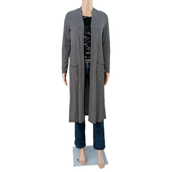 Kye Mi Women's Long Cardigan Open Front Lightweight Pockets Striped Flowy Jacket - Picture 2 of 11